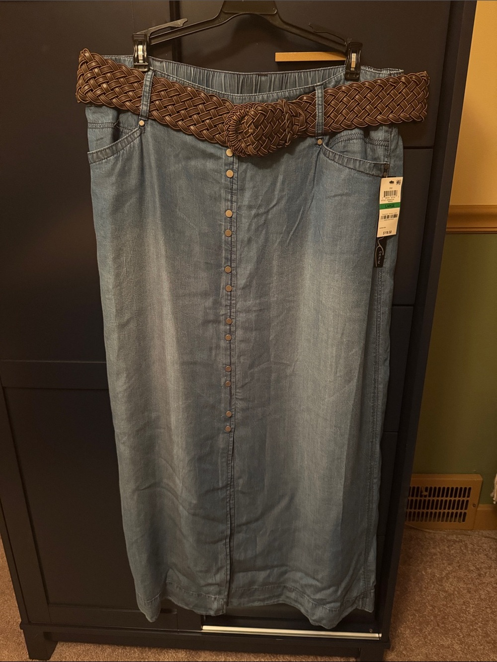 INC International Concepts Light Blue Denim Wide-Leg Skirt with Brown Woven Belt